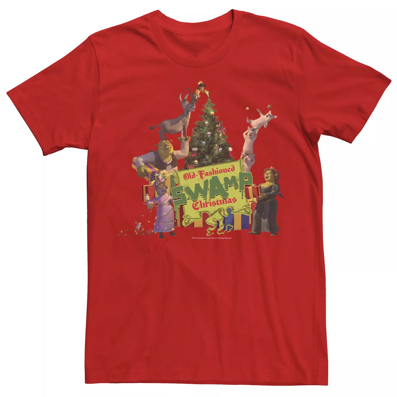 Мужская старомодная рождественская футболка с изображением Шрека, групповой снимок, болото Licensed Character