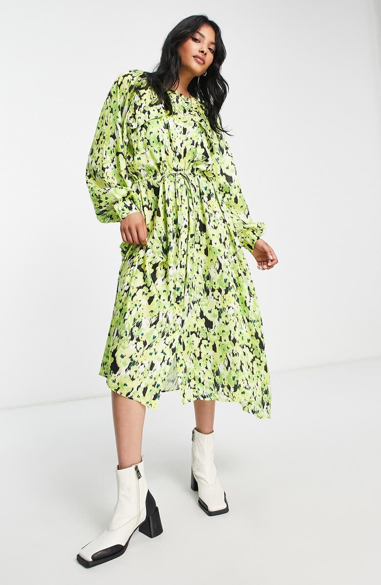

Платье-рубашка с длинными рукавами и цветочным принтом TOPSHOP, светло-зеленый