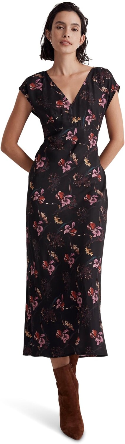 

ПЛАТЬЕ миди с широким V-образным вырезом и цветочным принтом Cupro-Blend Madewell, цвет Floral True Black