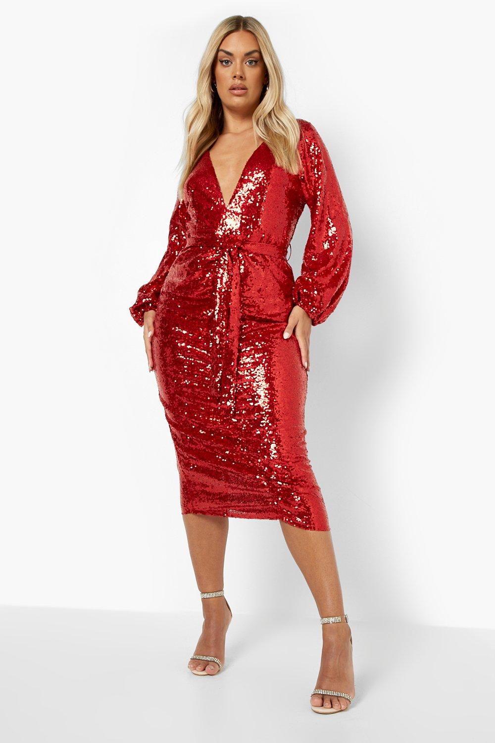 Платье-миди Plus с пайетками и рюшами и поясом boohoo, красный
