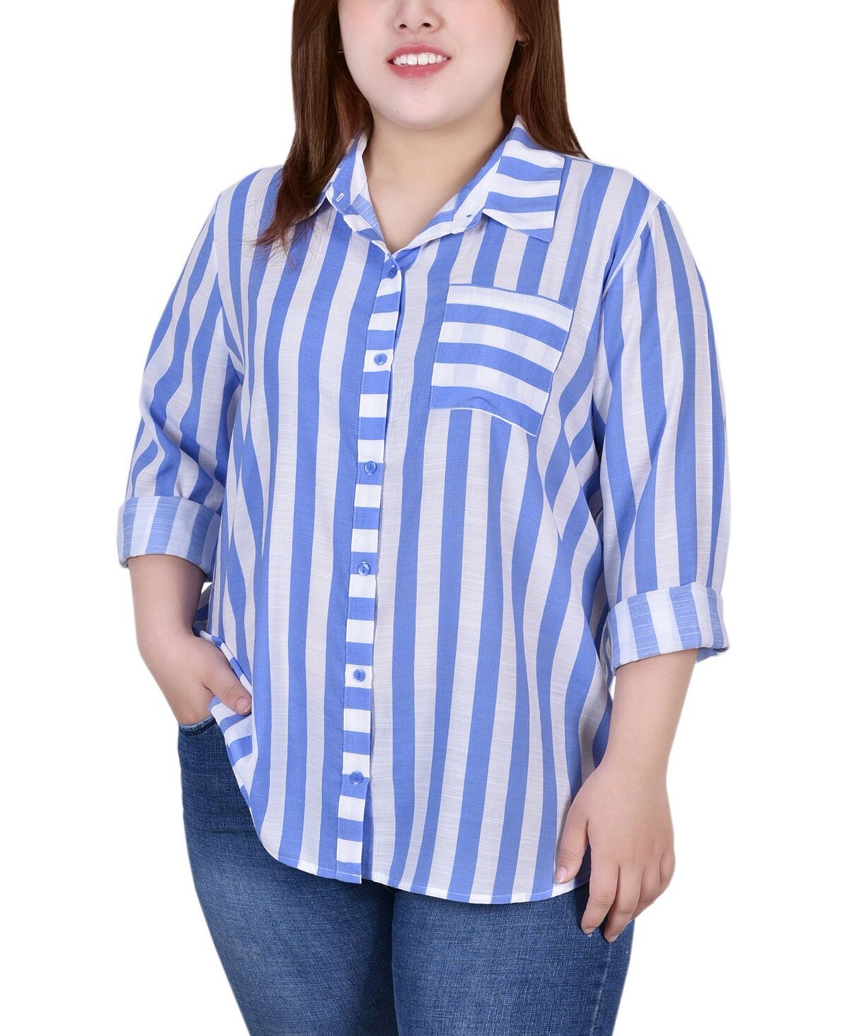 

Блузка в полоску с закатанными рукавами 3/4 больших размеров NY Collection