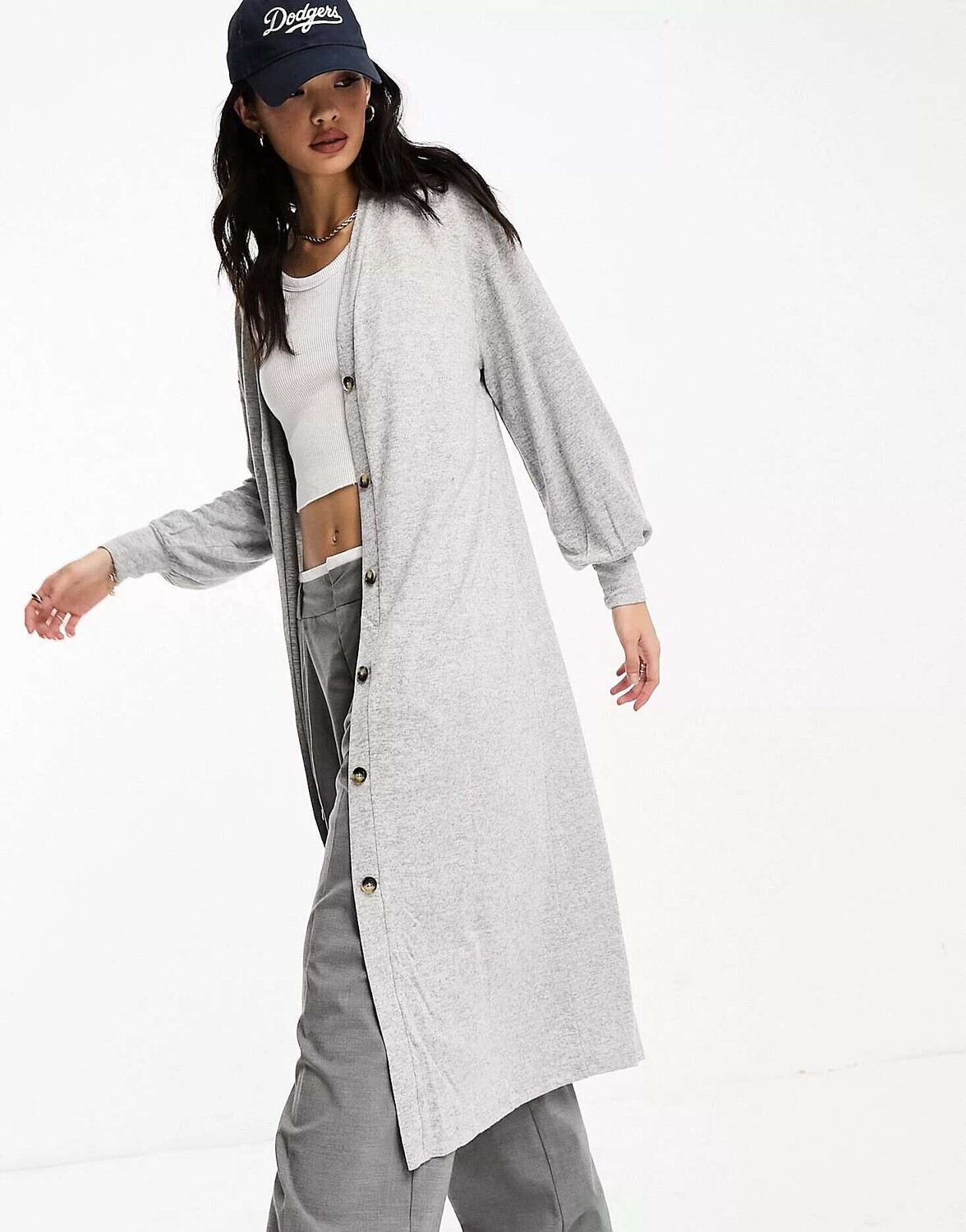 

Вязаный кардиган на пуговицах и платье макси серого меланжа Vero Moda, Серый
