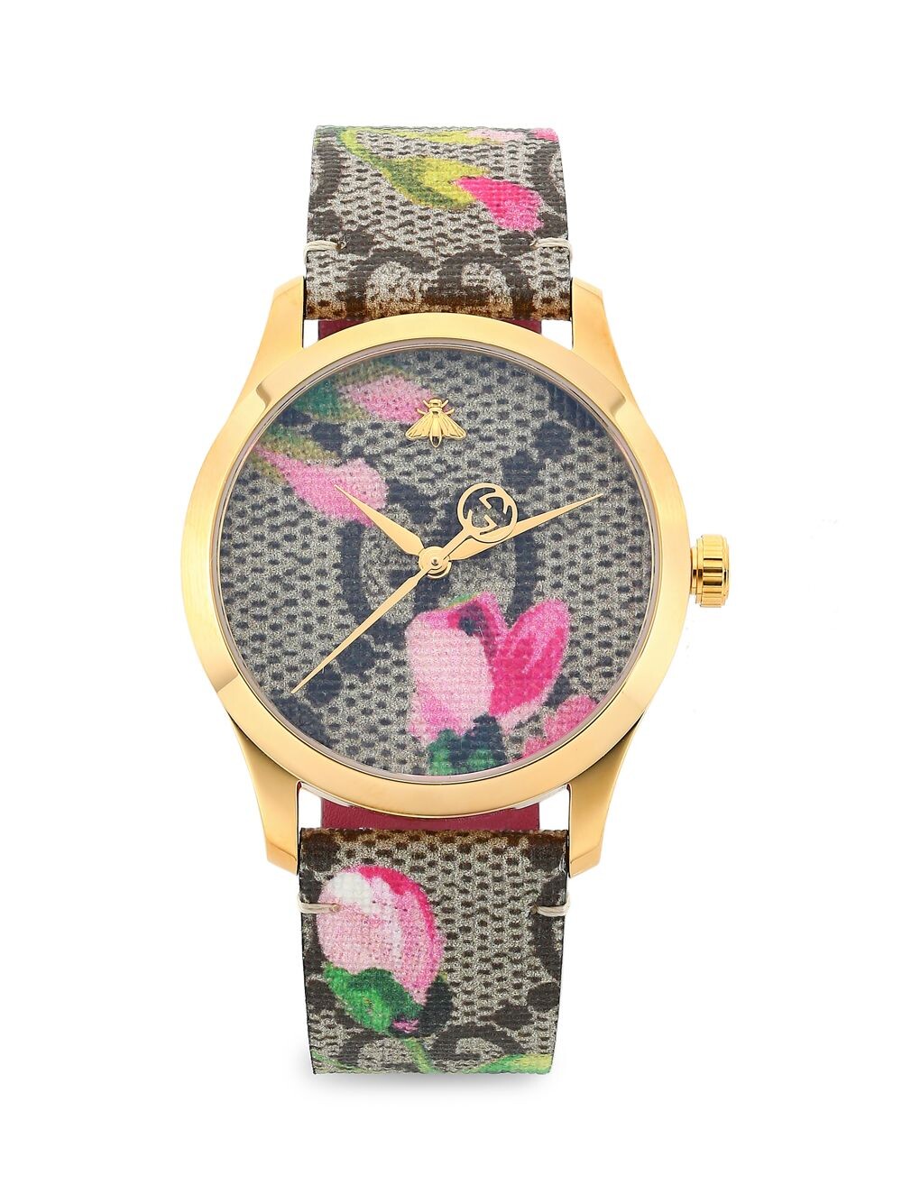 

Часы G-Timeless Pink Blooms с золотым PVD-покрытием и канвасовым ремешком GG Supreme Gucci, розовый