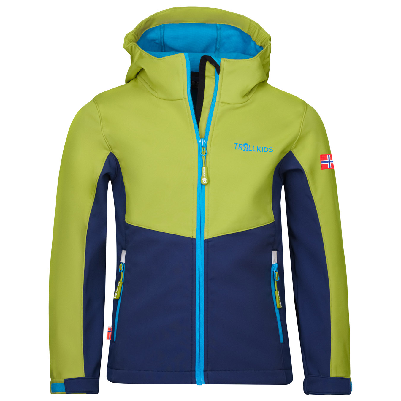 ветрозащитный жилет trollkids kid s balestrand vest цвет kiwi mystic blue green lizard Куртка из софтшелла Trollkids Kid's Kristiansand, цвет Kiwi/Mystic Blue