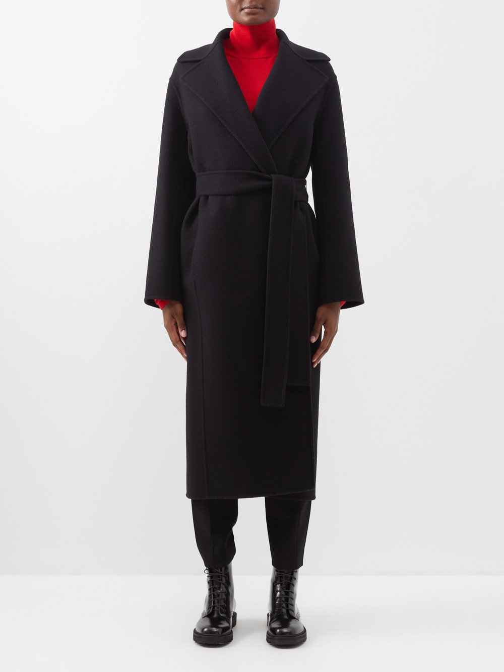 Пальто malika из смесовой шерсти с поясом The Row, черный фотографии