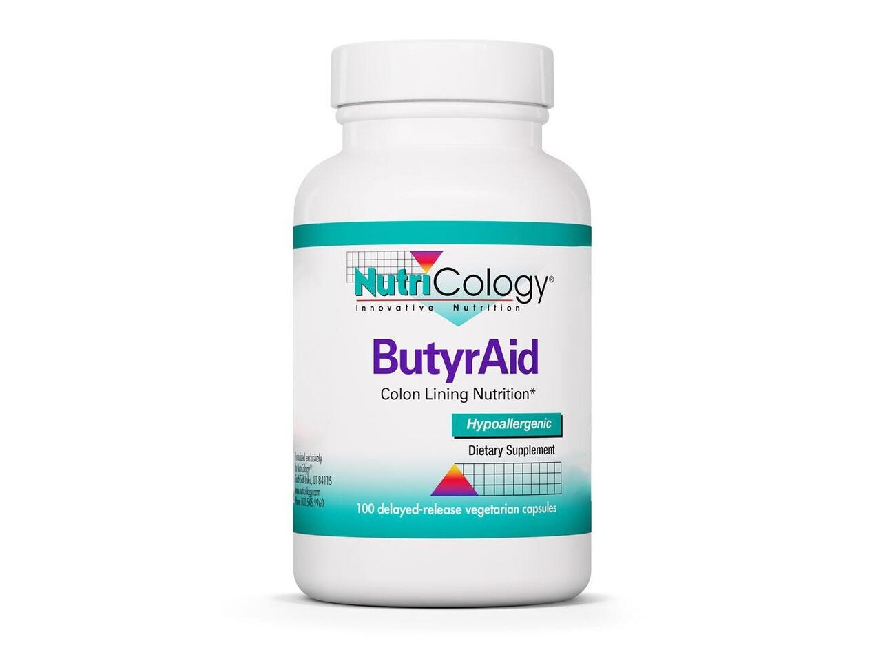 

Nutricology, ButyrAid, 100 вегетарианских капсул с отсроченным высвобождением