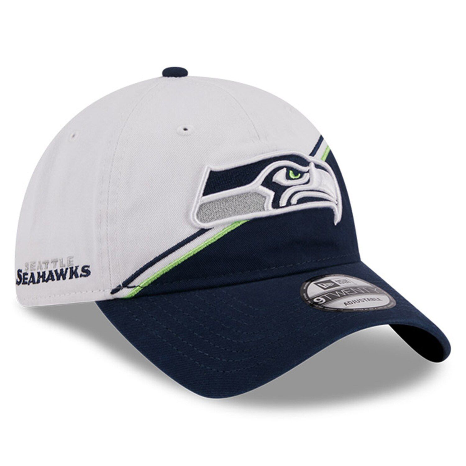 

Мужская New Era White/College Navy Seattle Seahawks 2023 Sideline 9TWENTY Регулируемая шляпа