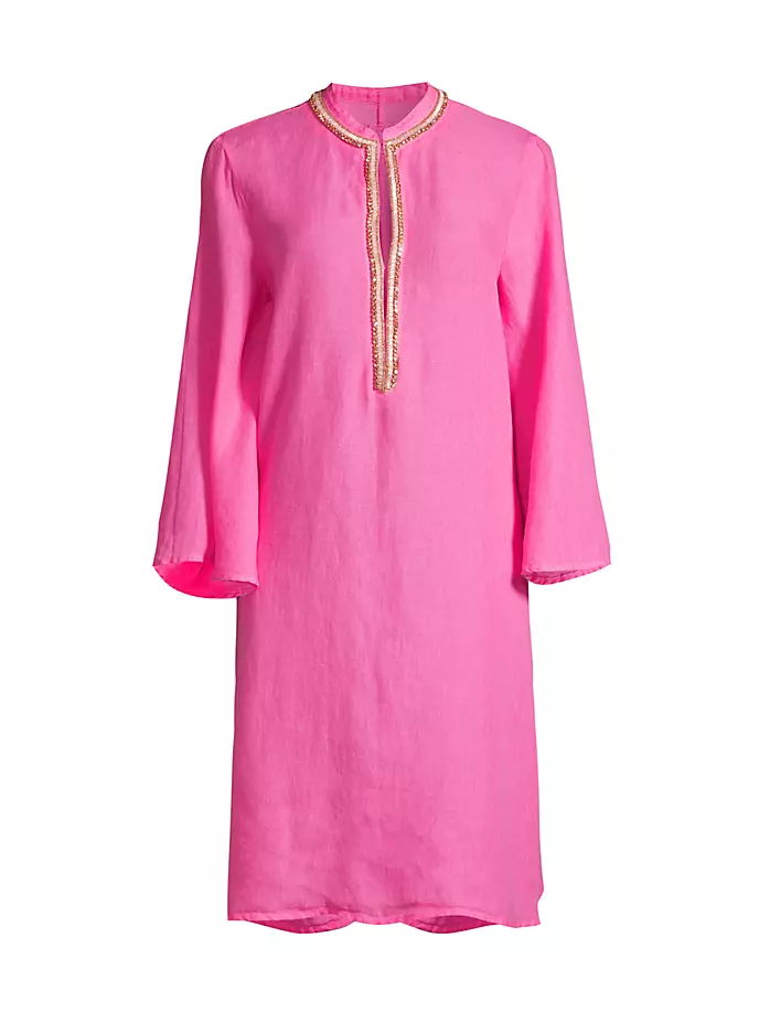 Украшенное льняное мини-платье 120% Lino, ярко-розовый льняное платье рубашка 120%lino черный
