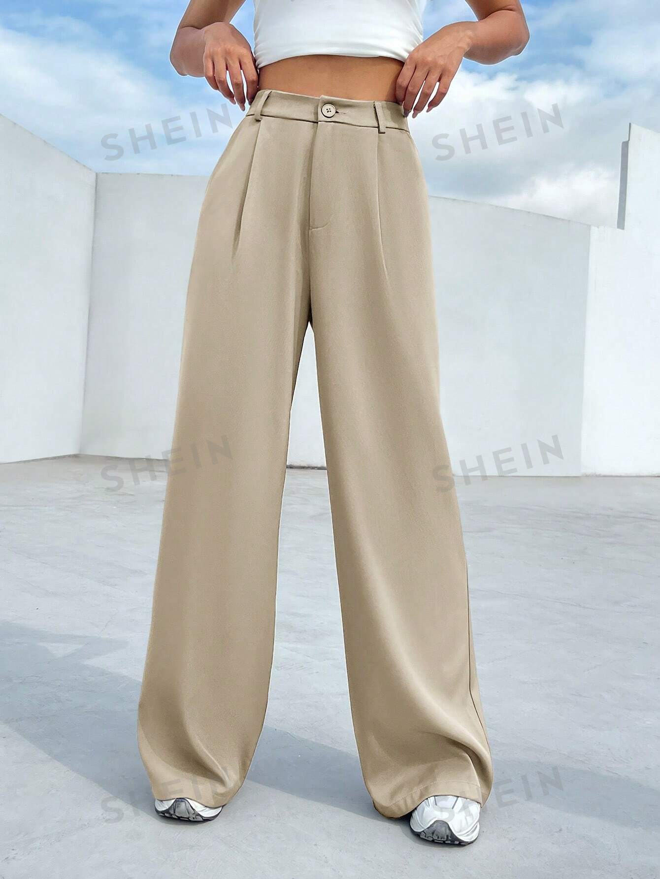 цена SHEIN EZwear Женские тканые широкие брюки со складками и складками, хаки