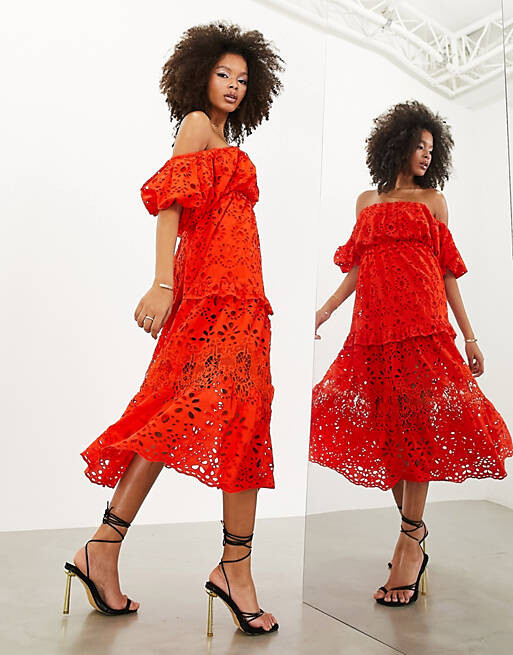 

Многоярусное платье миди с открытыми плечами ASOS EDITION томатно-красного цвета