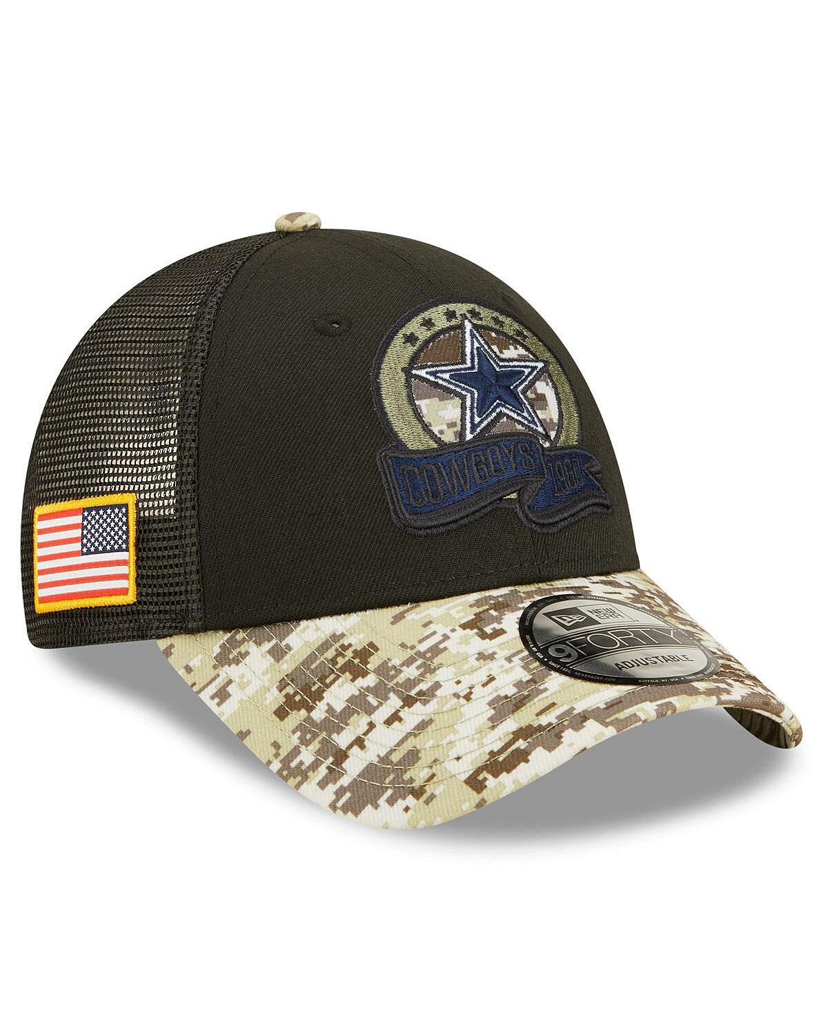 

Мужская черная камуфляжная кепка Dallas Cowboys 2022 Salute To Service 9FORTY Snapback Trucker Hat New Era