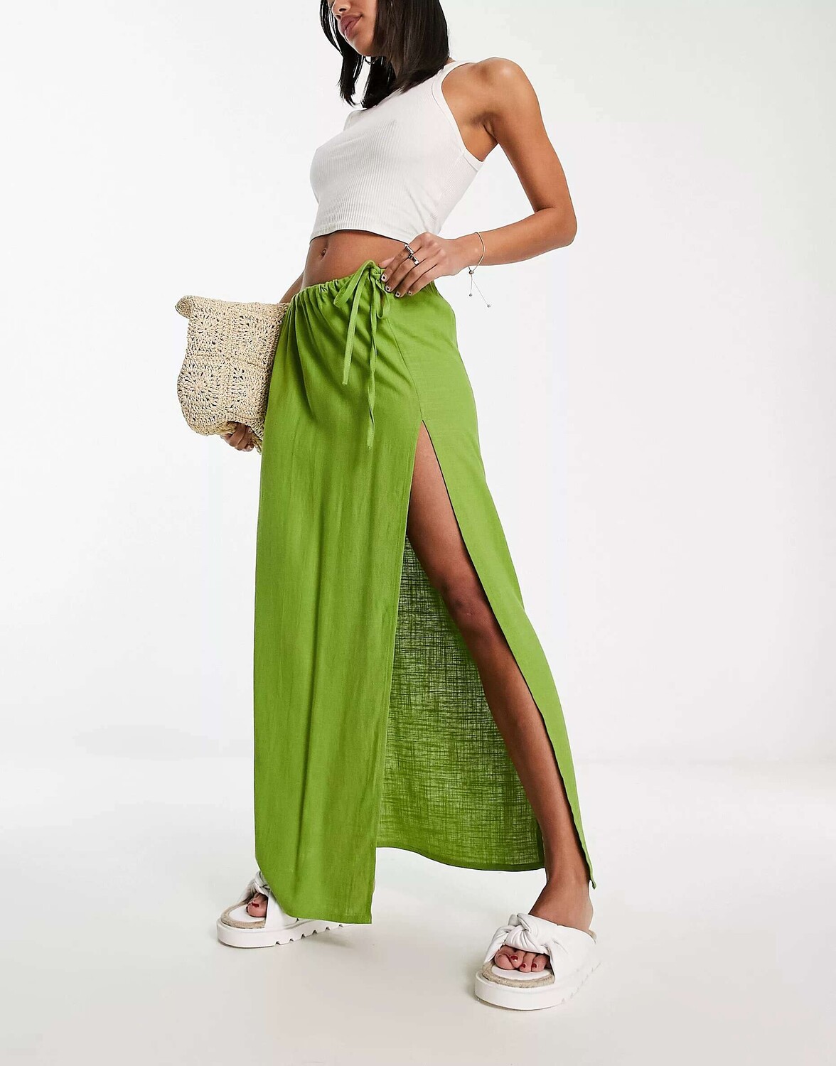 

Зеленая льняная юбка макси с высоким разрезом ASOS