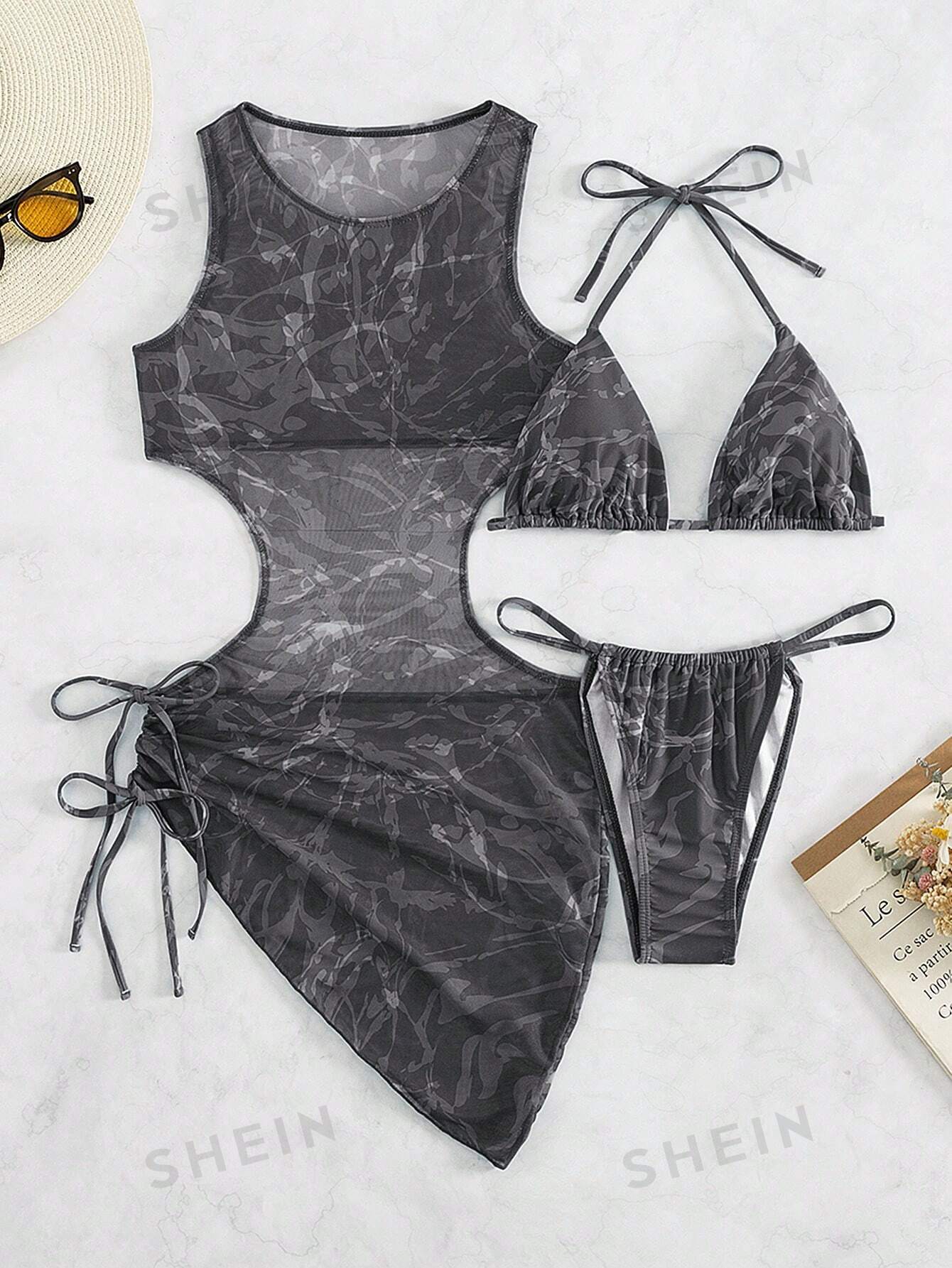 Комплект купальников бикини из 3 предметов со случайным принтом и платьем-прикрытием, черное и белое