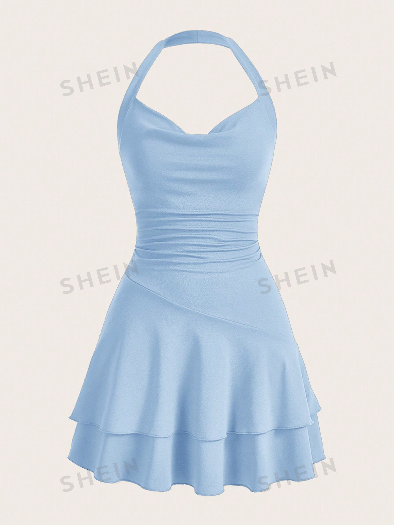 SHEIN MOD однотонное женское платье с бретелькой на шее и многослойным подолом, голубые новинка весны женское платье в европейском и американском стиле женское платье с запахом темпераментное облегающее платье для женщин