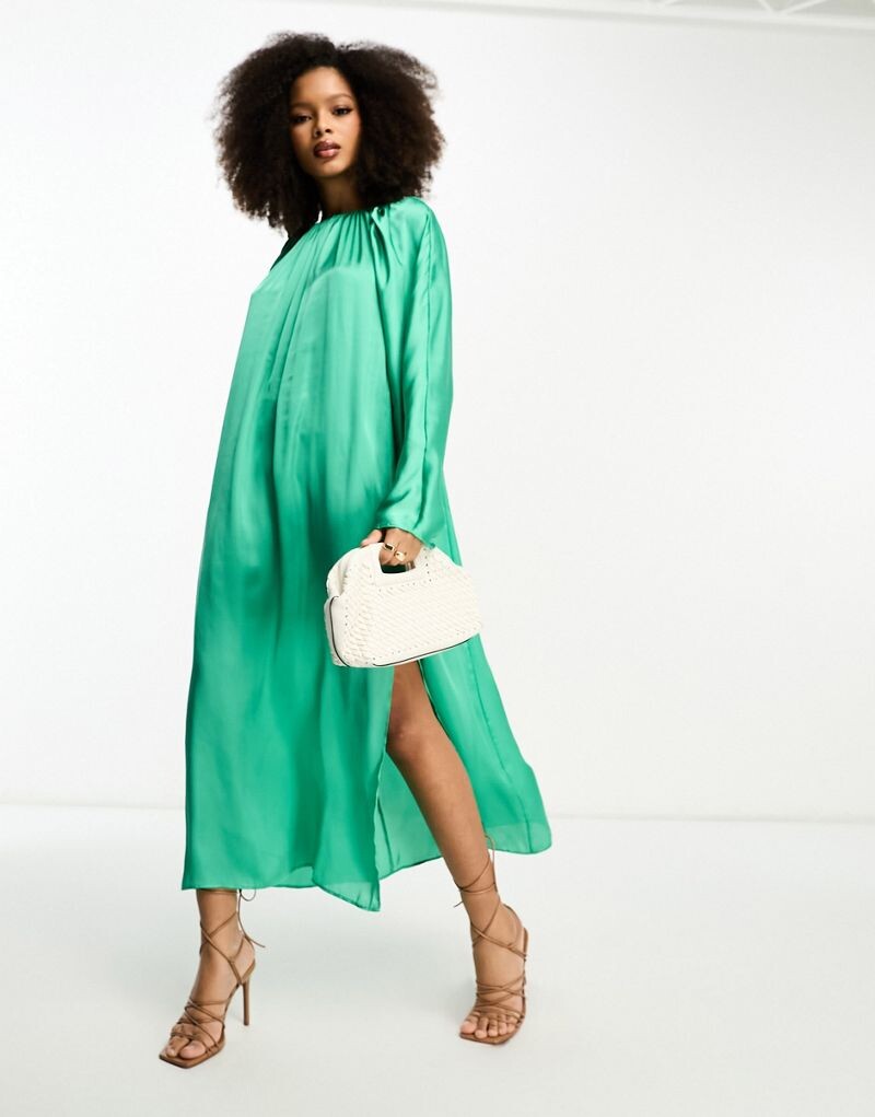 

Ярко-зеленое платье из стираного атласа ASOS DESIGN до середины икры с объемными рукавами