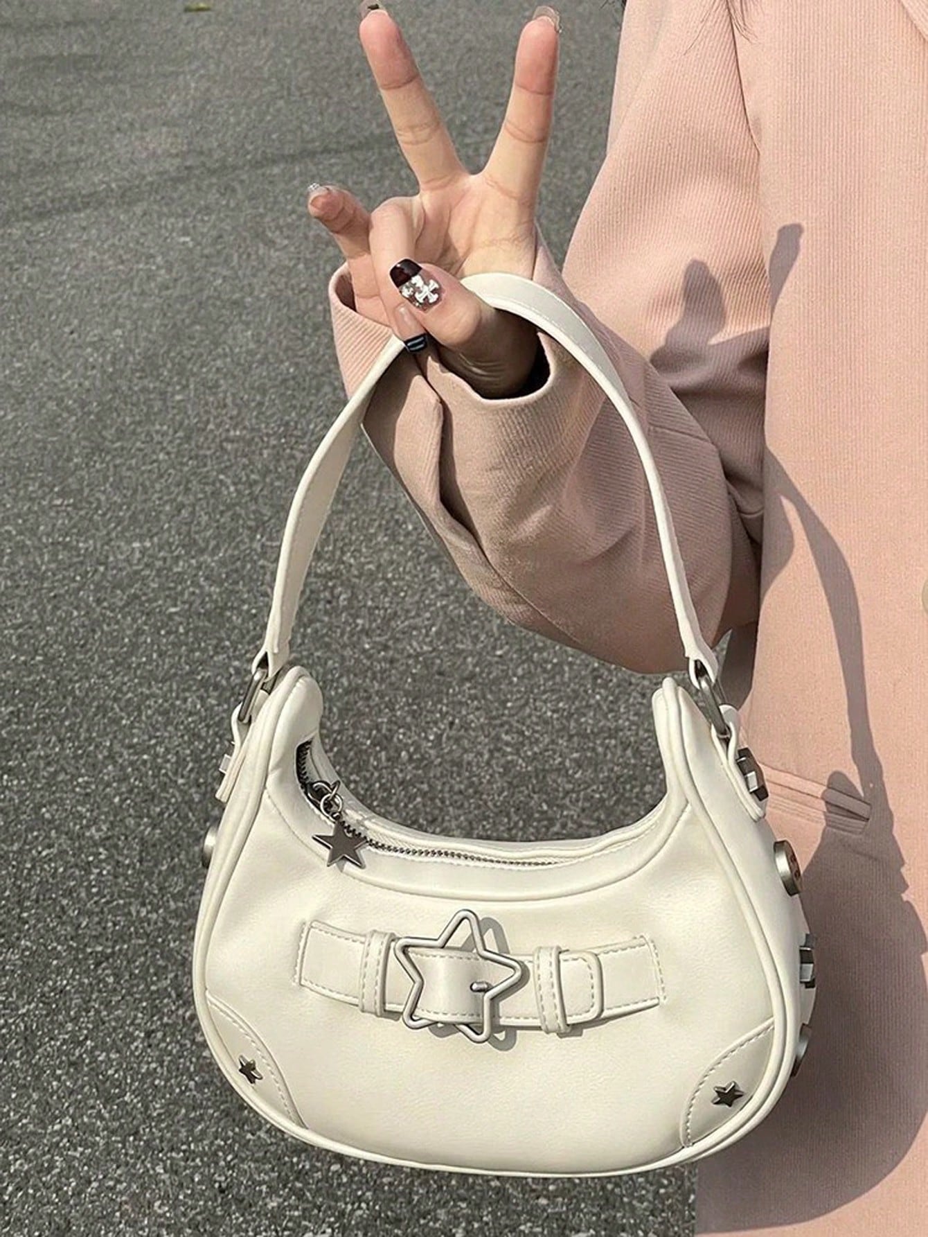 Легкая деловая повседневная маленькая сумка-хобо с декором из пряжки и застежкой-молнией для девочек-подростков, белый фото