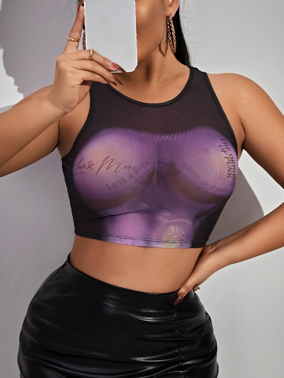 

SHEIN SXY Сетчатая майка с буквенным принтом, черный цвет