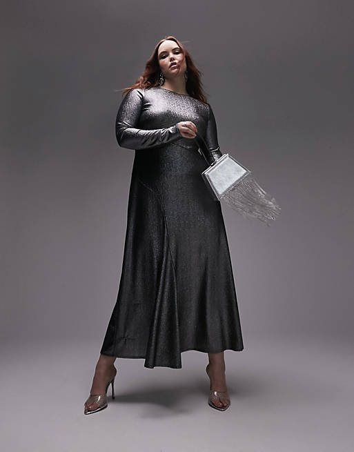 Серебристое платье макси с эффектом металлик Topshop Curve платье макси серебристого цвета с эффектом металлик topshop