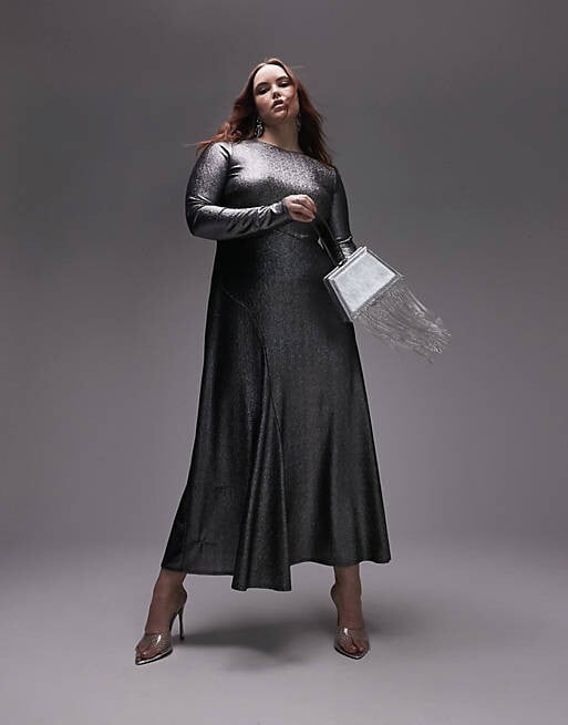 

Серебристое платье макси с эффектом металлик Topshop Curve