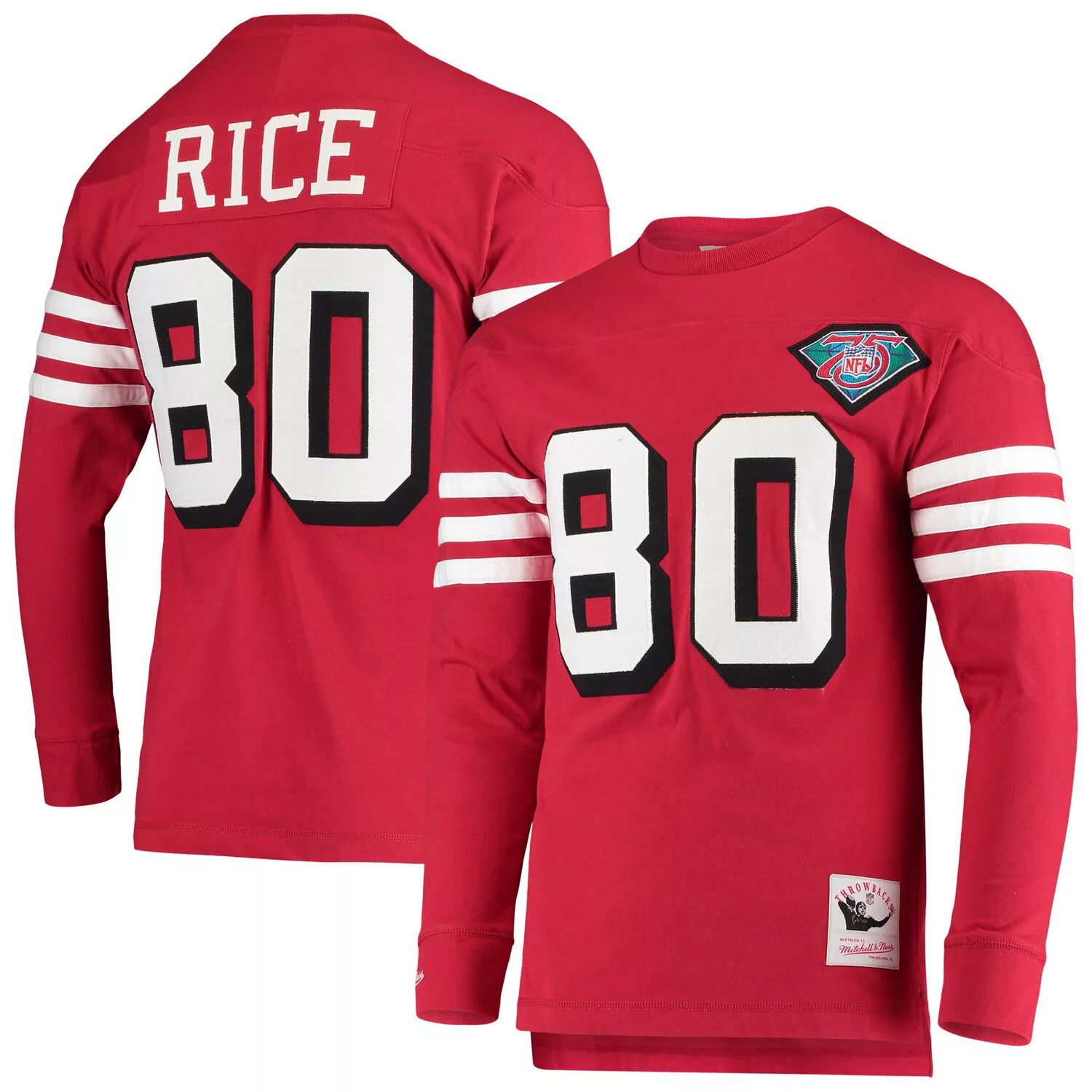 

Мужской топ с длинными рукавами Mitchell & Ness Jerry Rice Scarlet San Francisco 49ers Throwback, имя и номер игрока в отставке