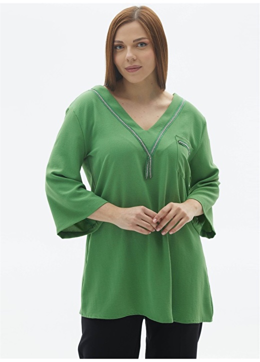 Зеленая женская блузка с V-образным вырезом Selen