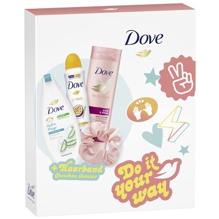 

Подарочный набор Dove Do It Your Way, состоящий из геля для душа, лосьона для тела, дезодоранта и ленты для волос (1 шт.)