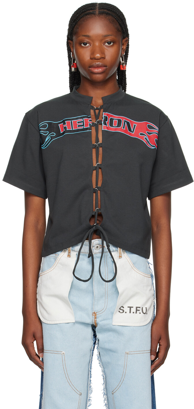 

Серая футболка на шнуровке Flaming Heron Preston, Серый