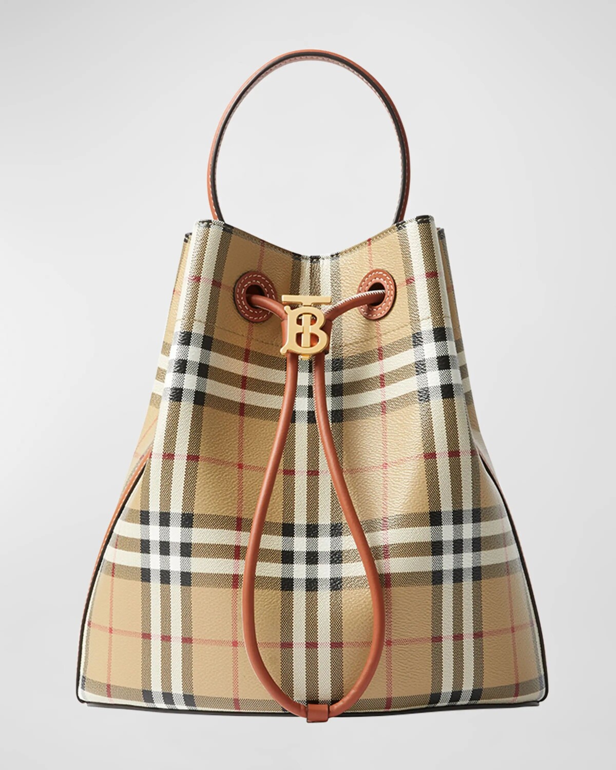 

Маленькая сумка-ведро в клетку на шнурке Burberry, цвет Vntg Chk Briar Brown
