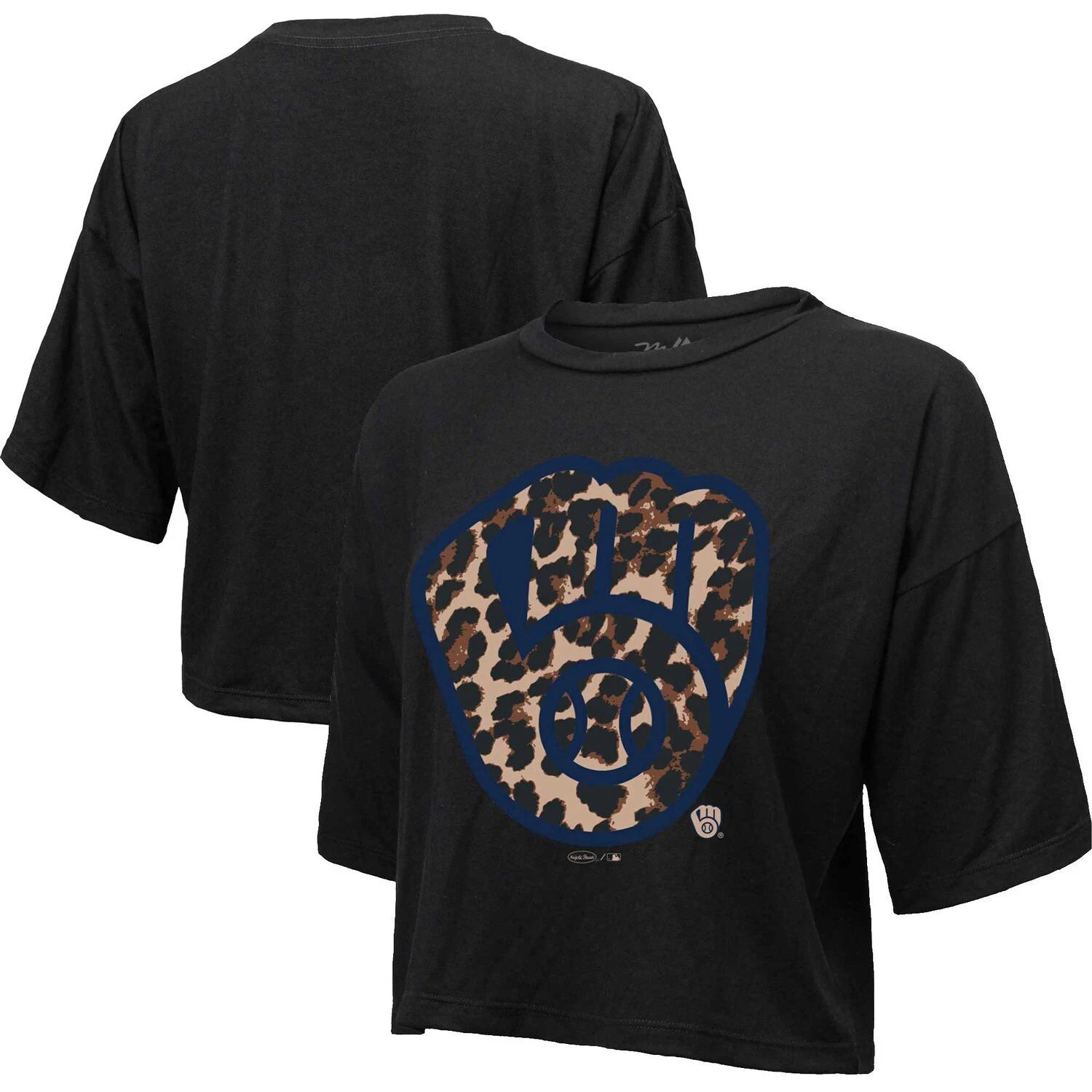 Черная женская укороченная футболка с леопардовым принтом Majestic Threads Milwaukee Brewers Majestic