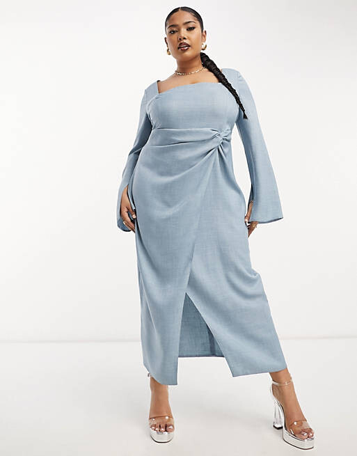 

Синее джинсовое платье миди с квадратным вырезом и рифлеными рукавами ASOS DESIGN Curve
