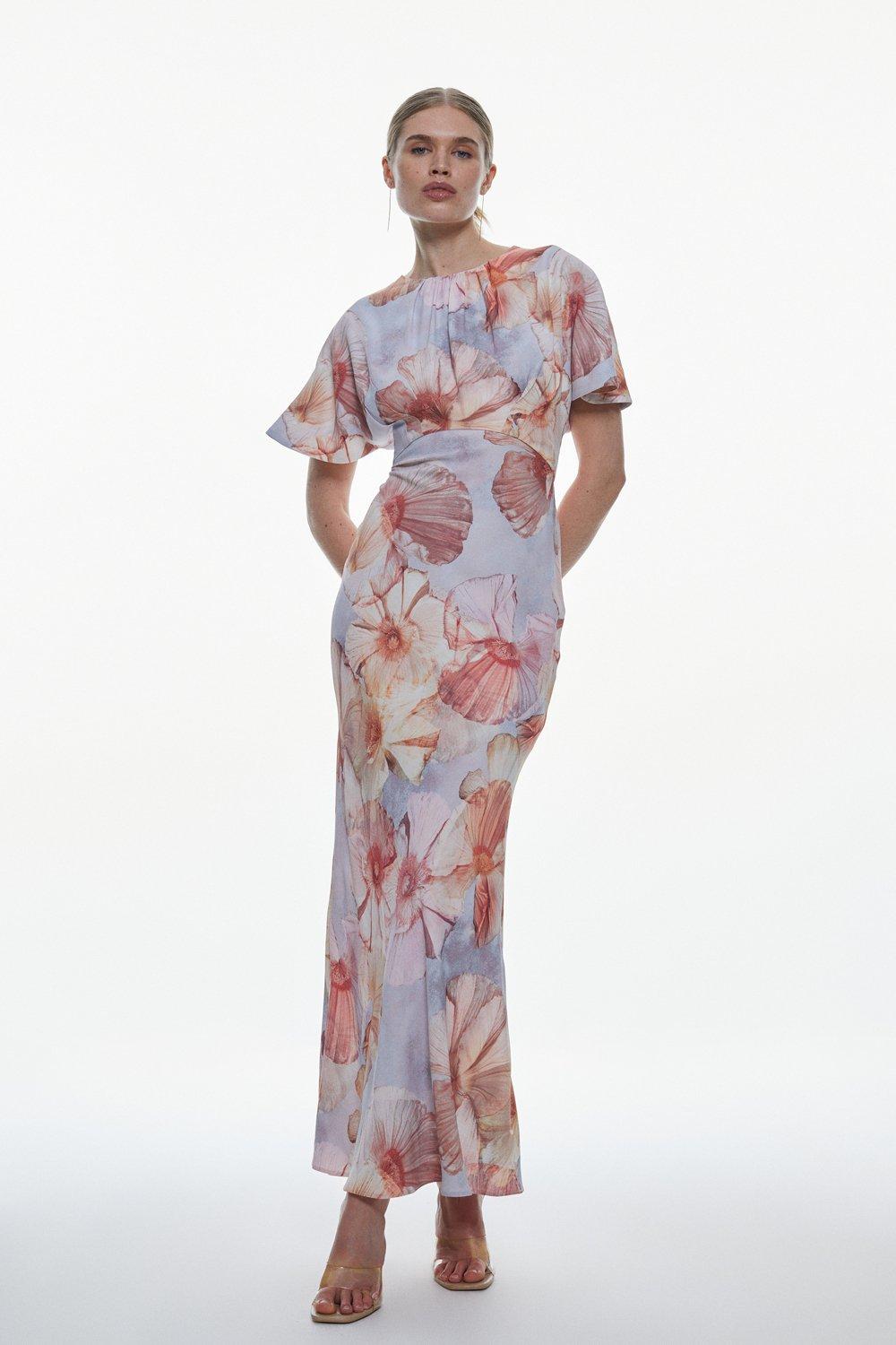 Платье макси из атласного крепа с травленым цветочным принтом Karen Millen, мультиколор