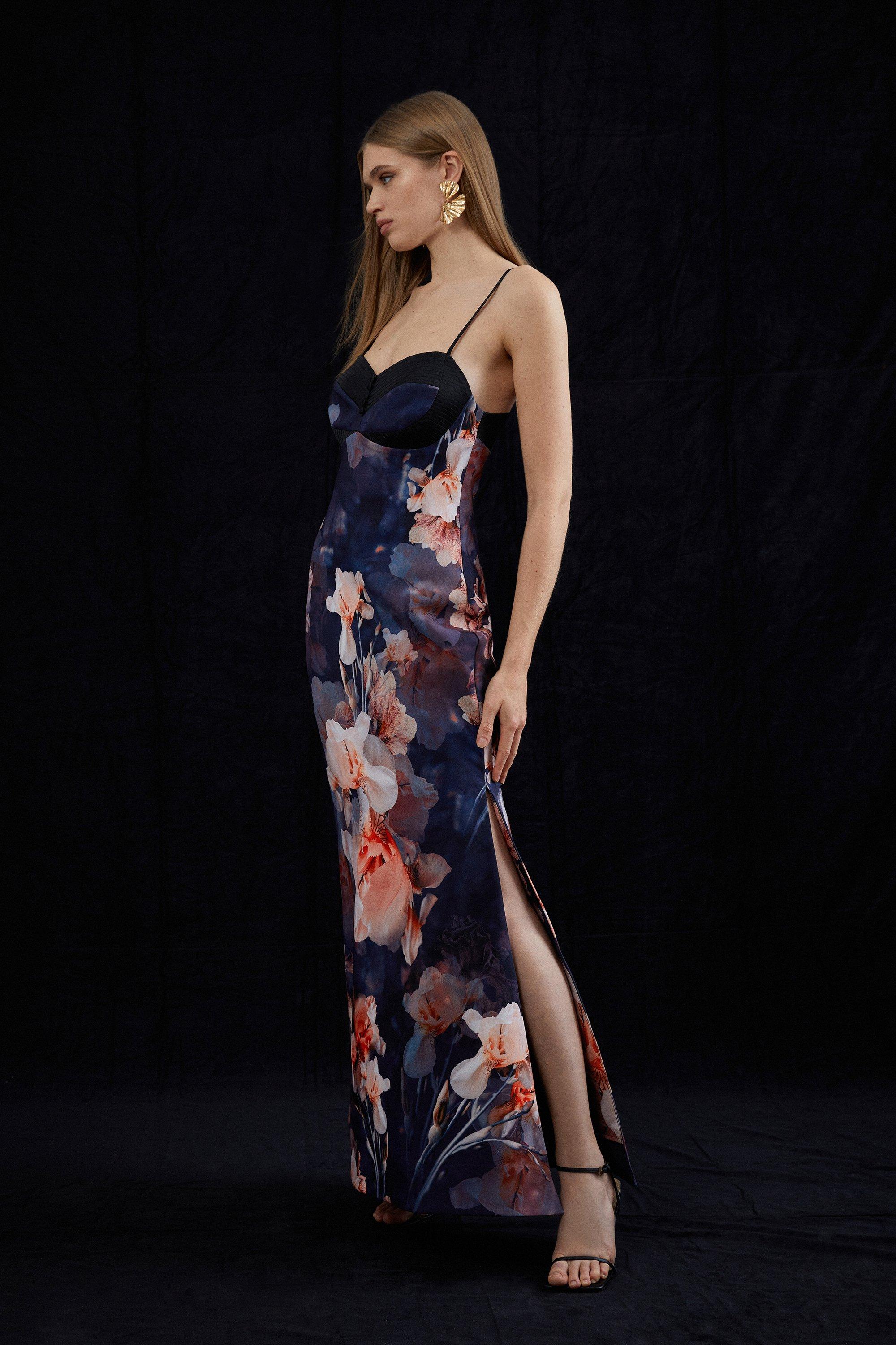 Миниатюрное атласное бюстье с цветочным принтом и контрастным плетением-платьем миди Karen Millen, мультиколор