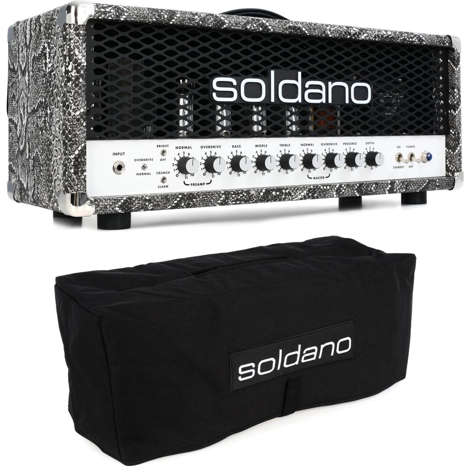 

Новая ламповая головка Soldano SLO-100 Super Lead Overdrive мощностью 100 Вт с крышкой — змеиная кожа с металлической решеткой