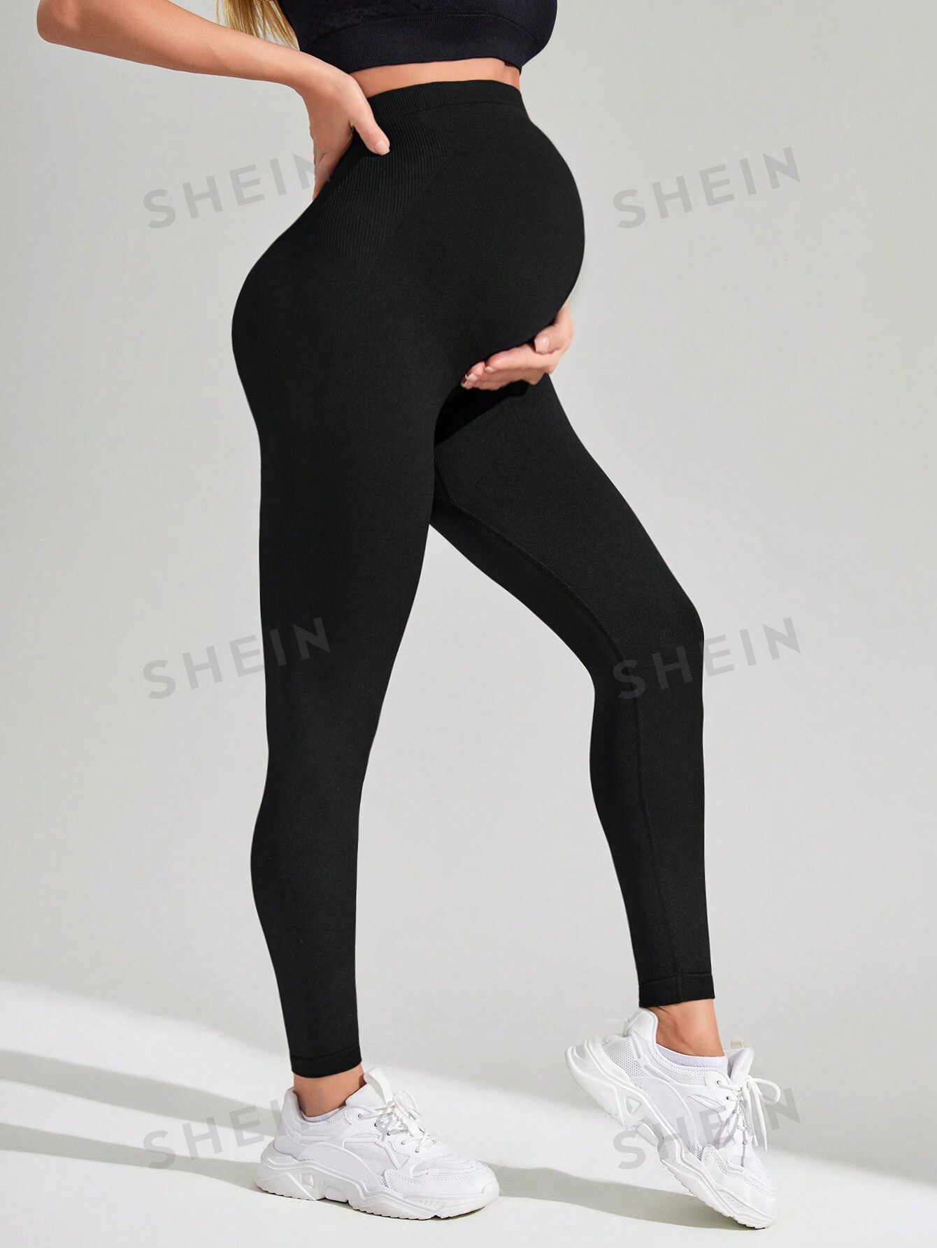 цена Бесшовные спортивные леггинсы для йоги SHEIN для беременных, черный