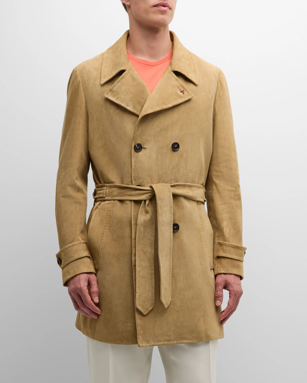

Мужской замшевый тренч с поясом Isaia, цвет Dark Beige