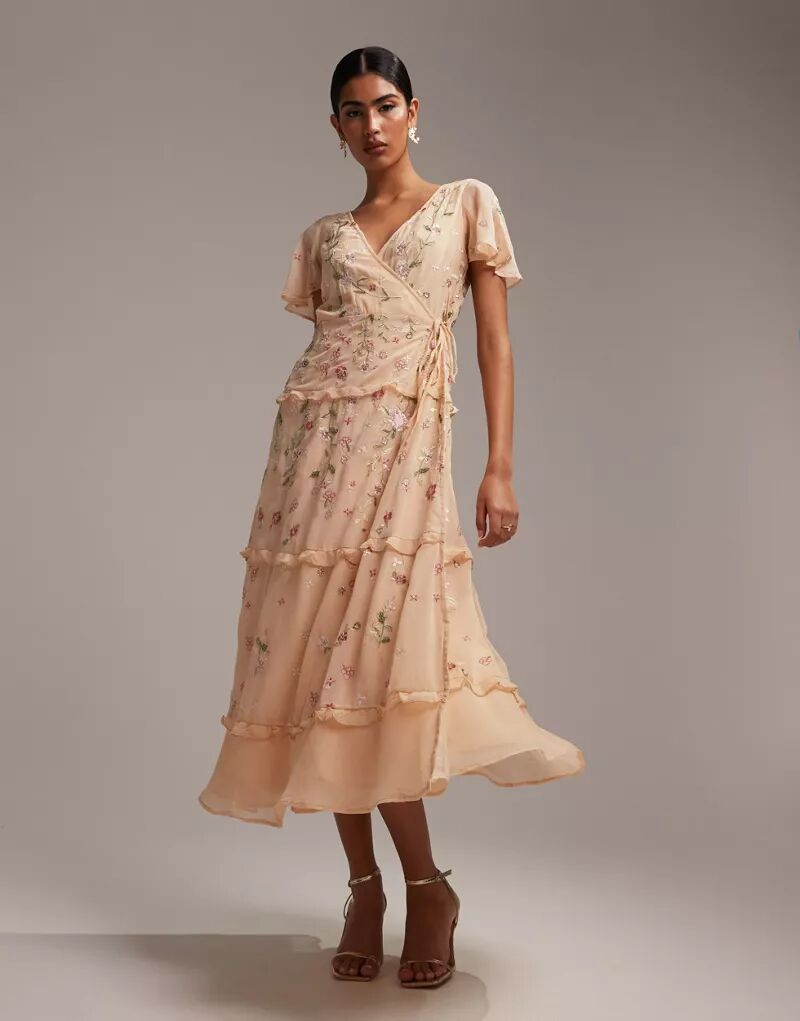 Платье миди подружки невесты абрикосового цвета с расклешенными рукавами ASOS, украшенным вышивкой и запахом мате selecta albaricoque 500 г