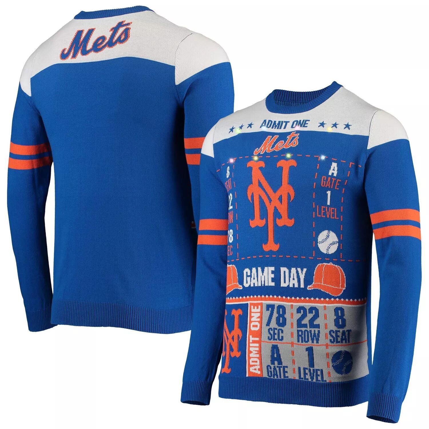 

Мужской свитер с подсветкой Ugly FOCO Royal New York Mets Ticket