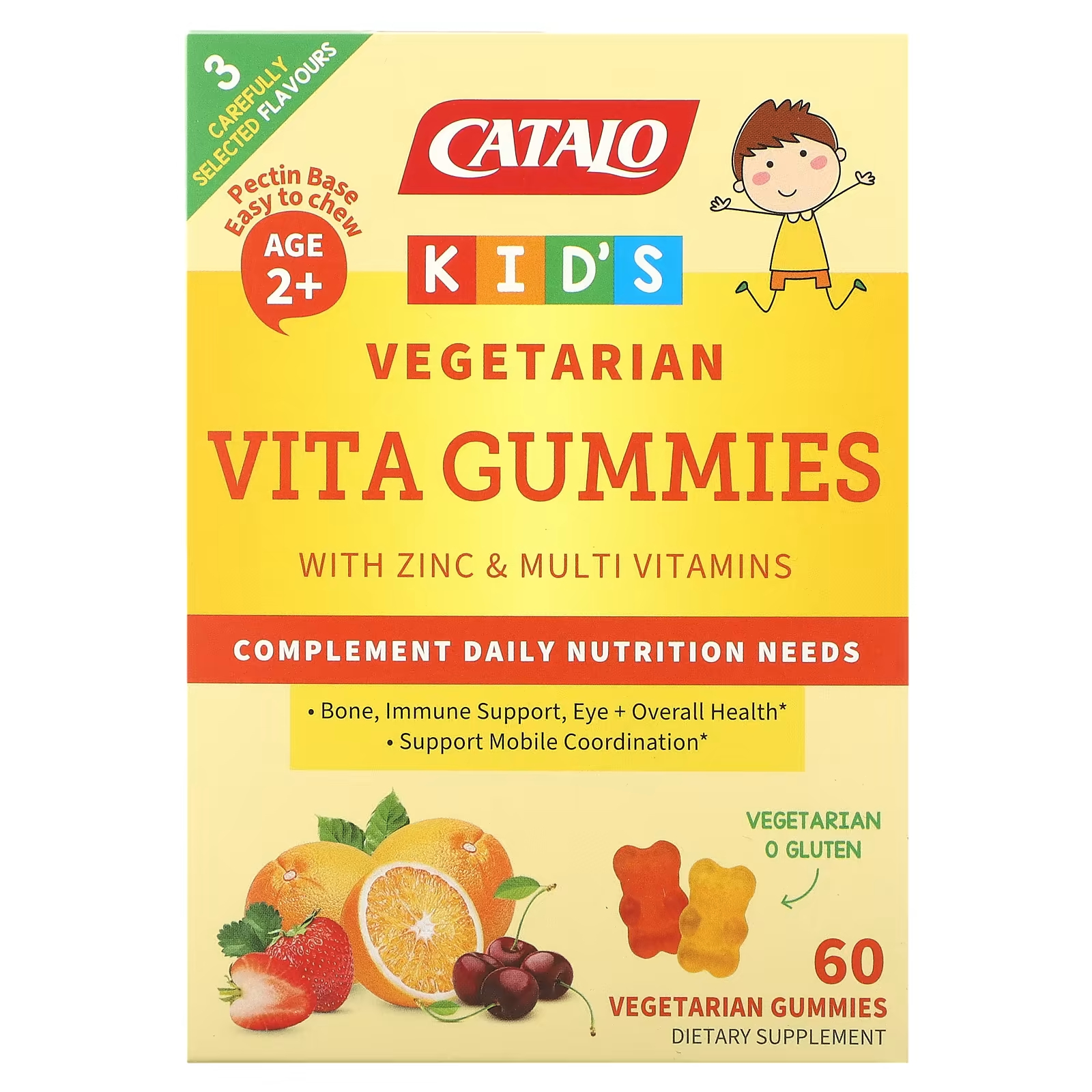Мультивитамины Catalo с цинком и мультивитаминами для детей старше 2 лет клубника-вишня-апельсин, 60 жевательных таблеток