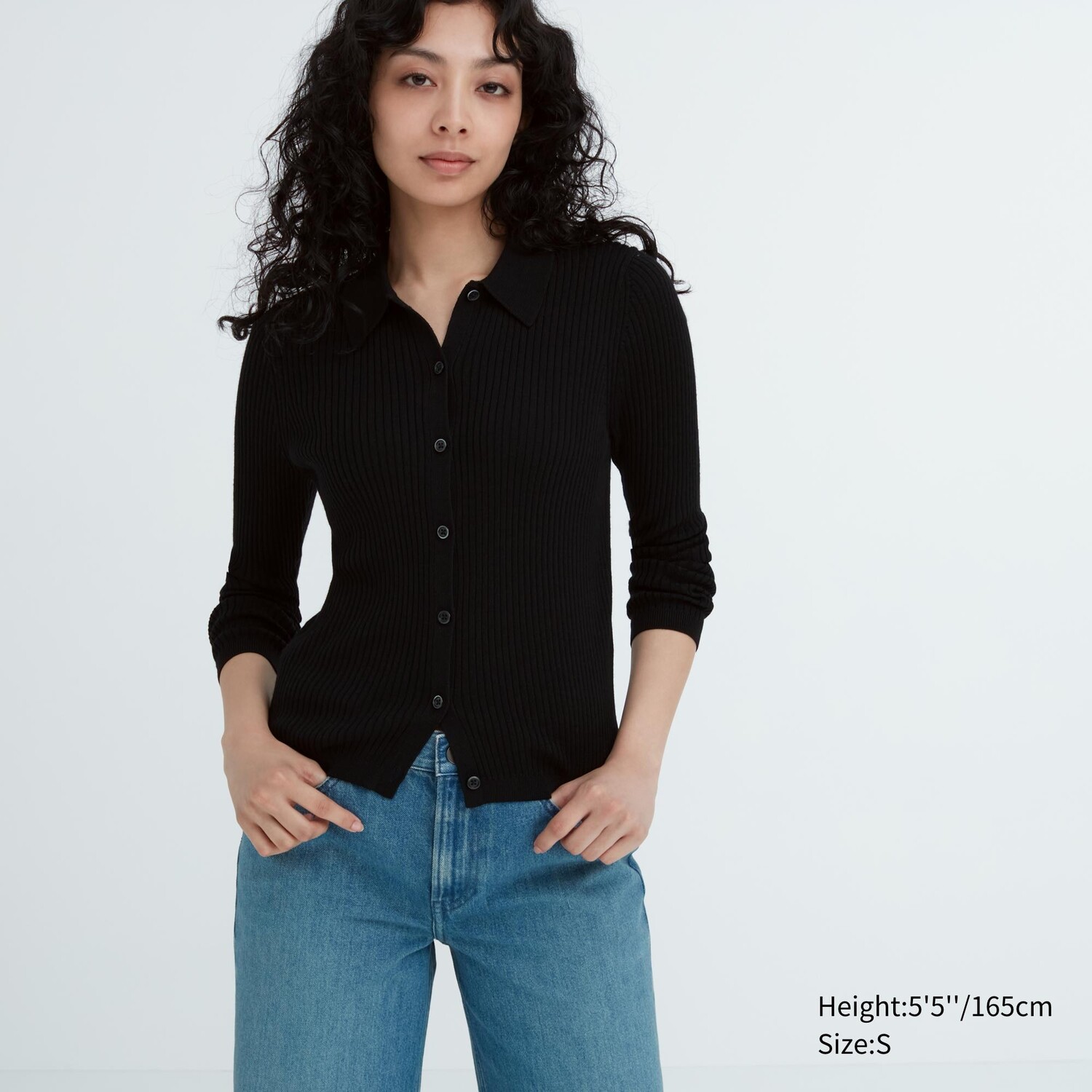 

Кардиган-поло из 100% очень тонкой шерсти мериноса в рубчик Uniqlo, черный