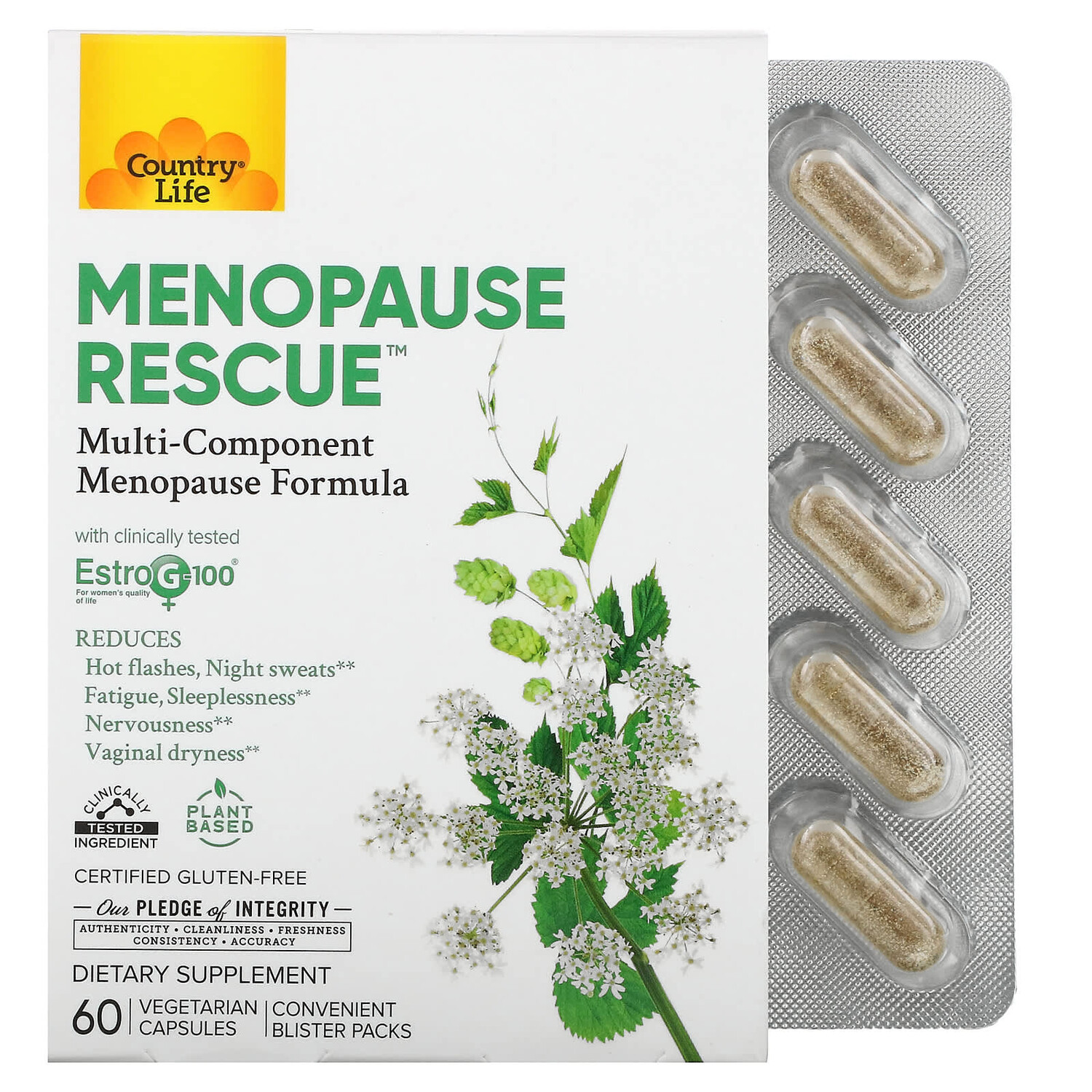 

Menopause Rescue, 60 вегетарианских капсул, Country Life