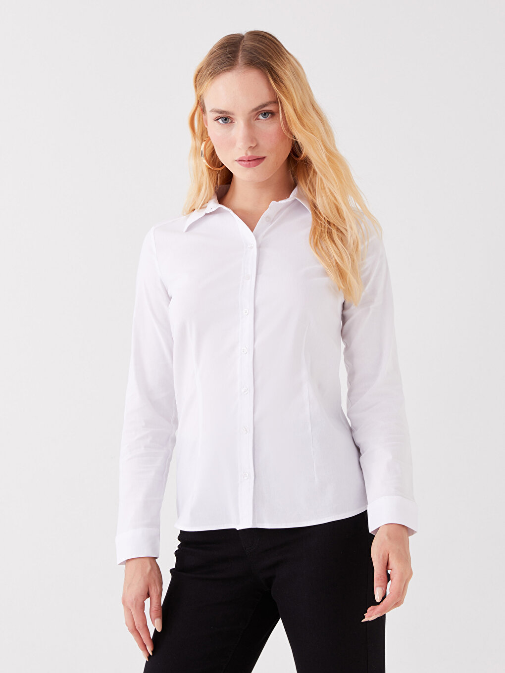 Простая женская рубашка с длинным рукавом LCWAIKIKI Classic, оптический белый