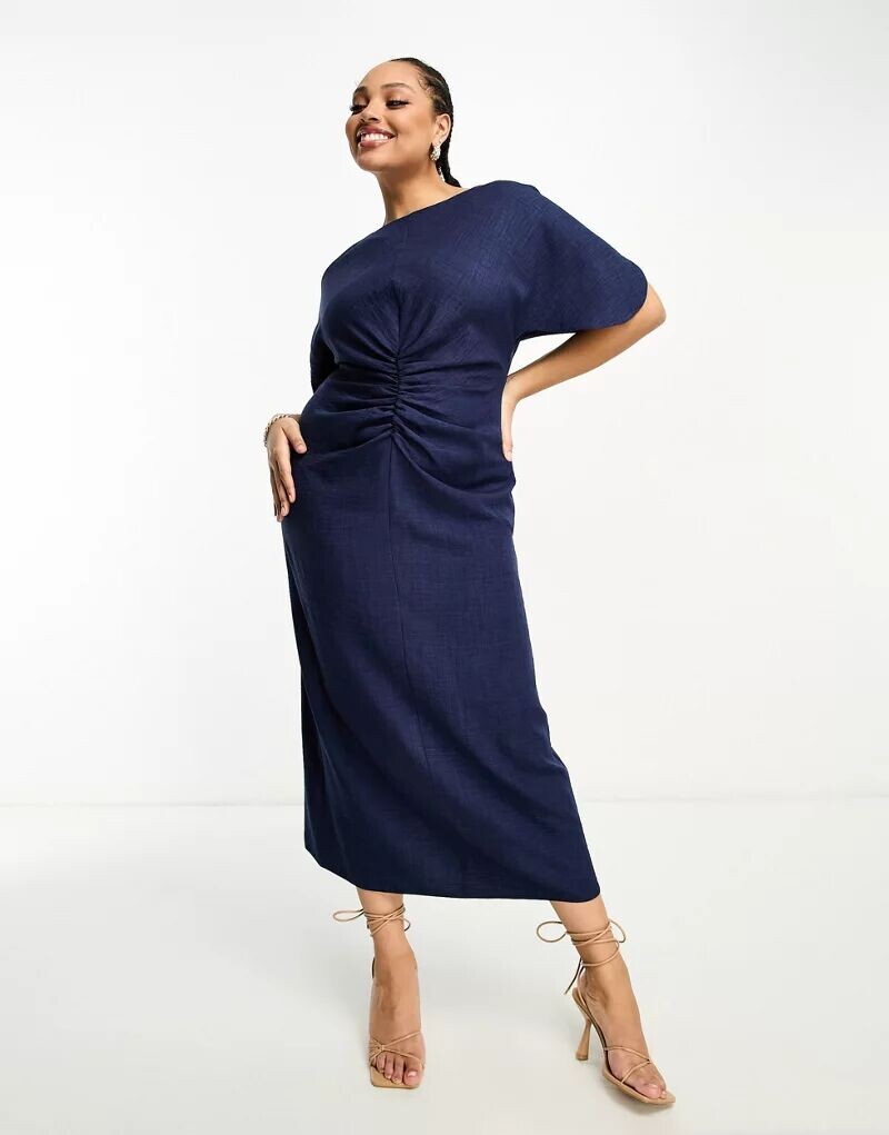 

Темно-синее льняное платье миди со сборками и сборками ASOS DESIGN Curve Curve
