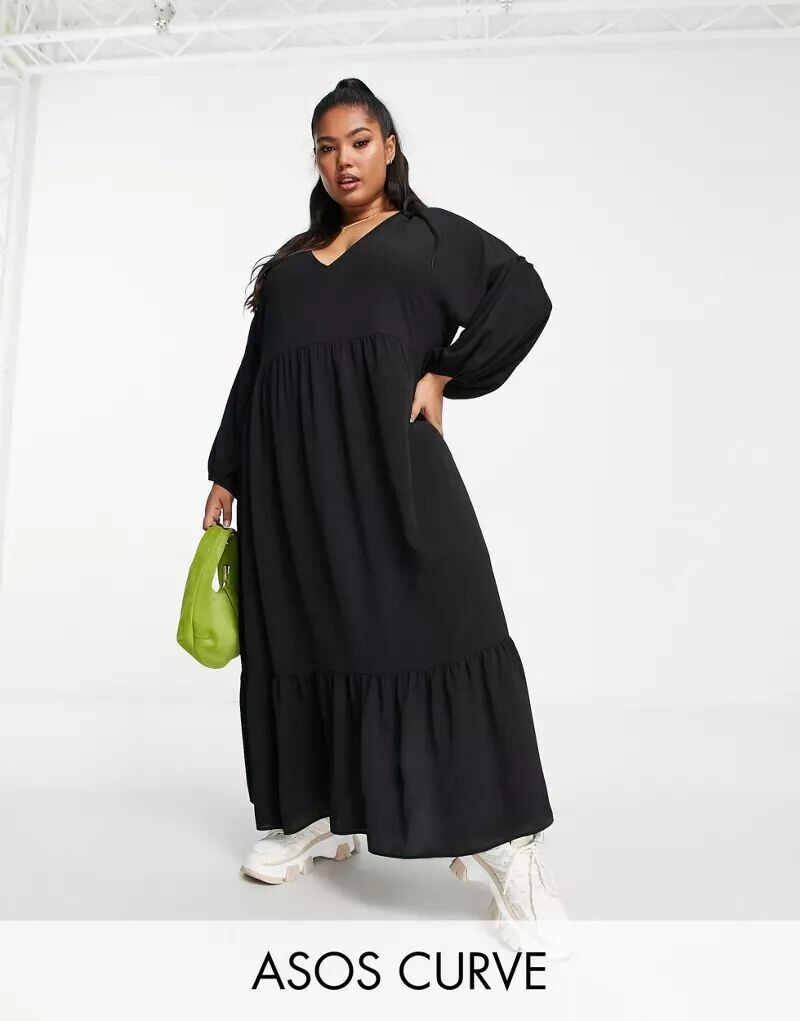 

Черное платье миди со сборками ASOS DESIGN Curve