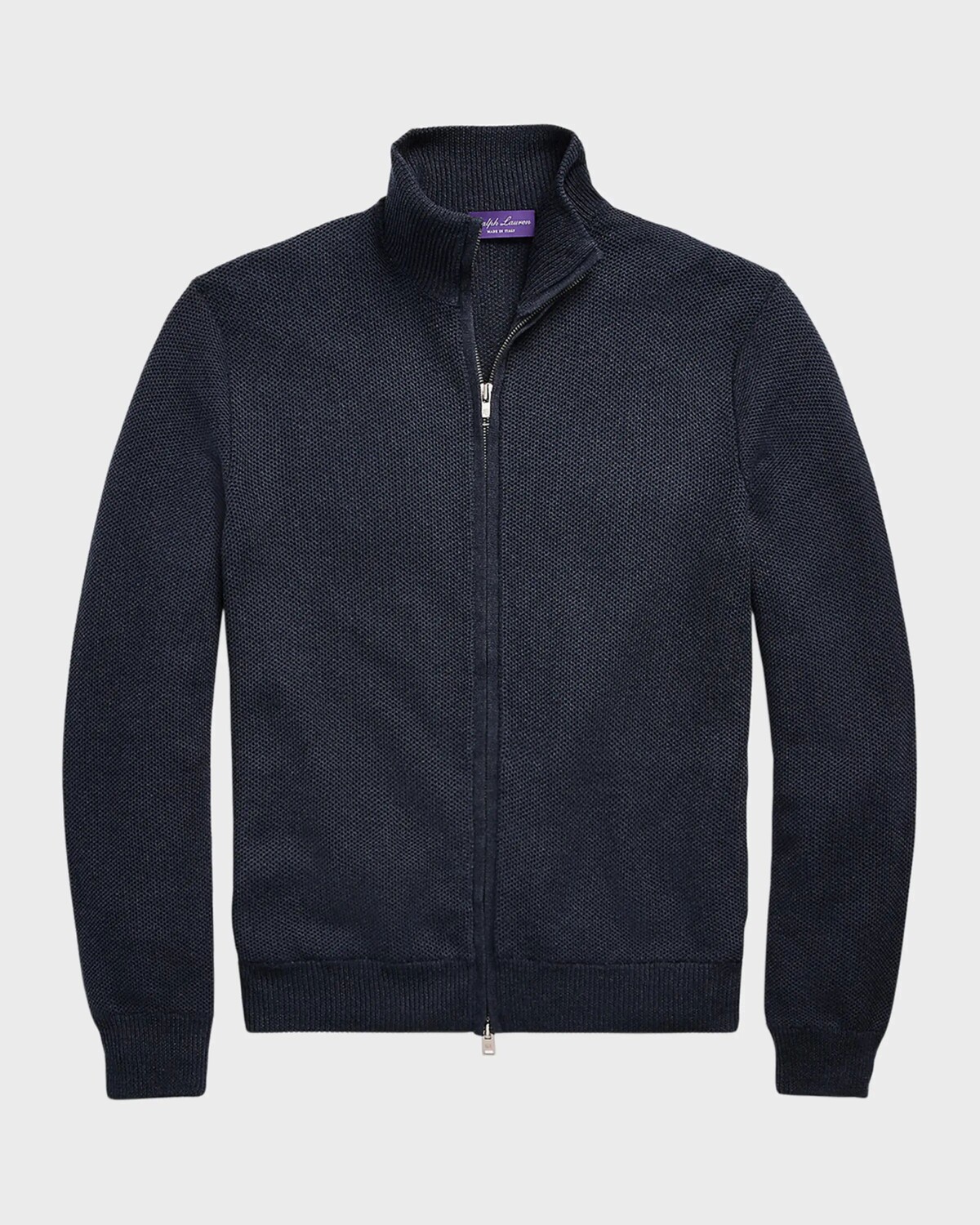 

Мужской шелково-хлопковый свитер с молнией во всю длину Ralph Lauren Purple Label, цвет Dark Melange Blue