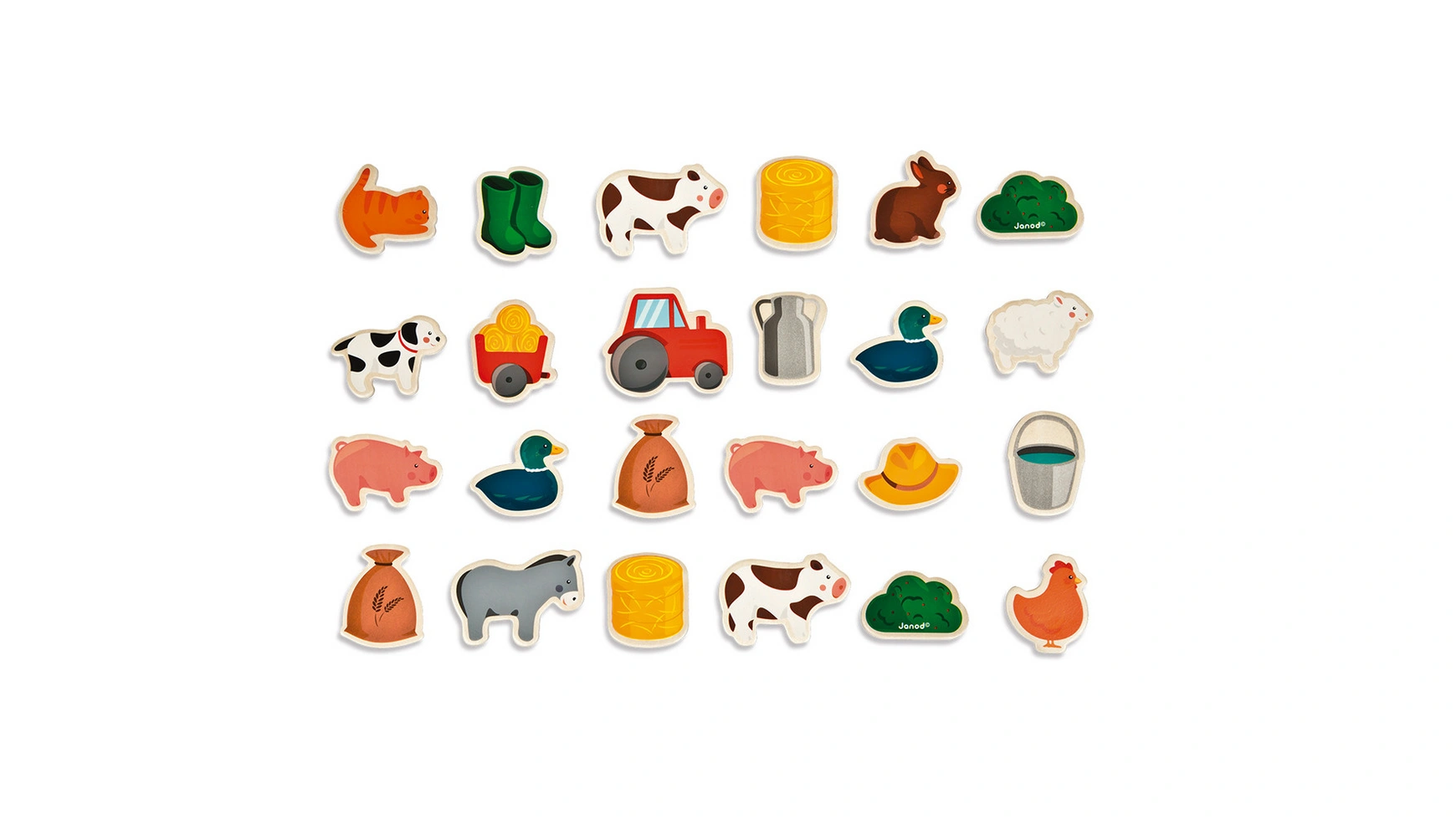 каталки игрушки janod поезд с животными серия скандинавские мотивы Набор магнитов ферма 24 предмета (дерево) Janod