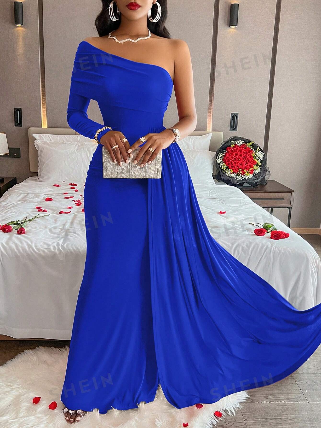 Элегантное платье с открытыми плечами и длинными рукавами, королевский синий женское однотонное платье на одно плечо с длинным рукавом