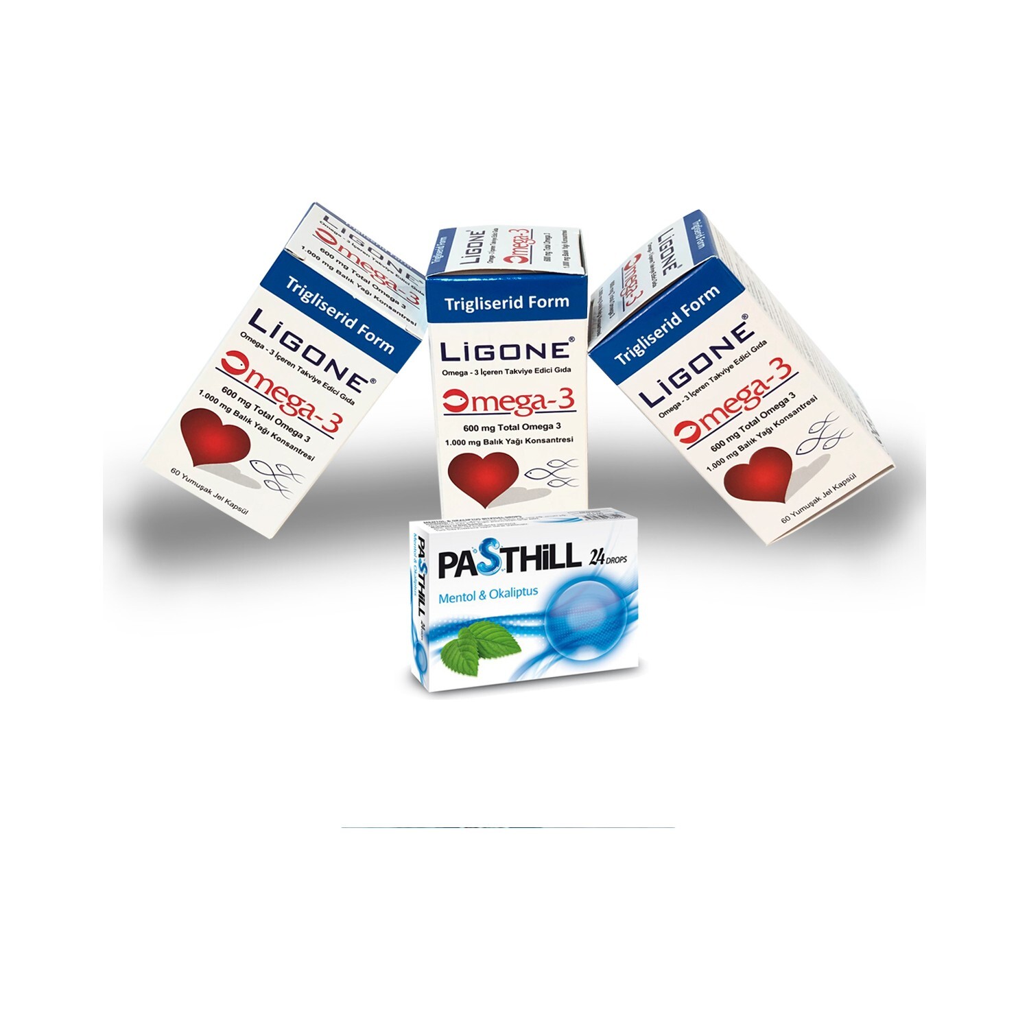 

Пищевая добавка RC FARMA 3 Pieces Ligone Omega 3, 60 капсул + Леденцы от боли в горле LedaPharma Pasthill Menthol & Eucalyptus