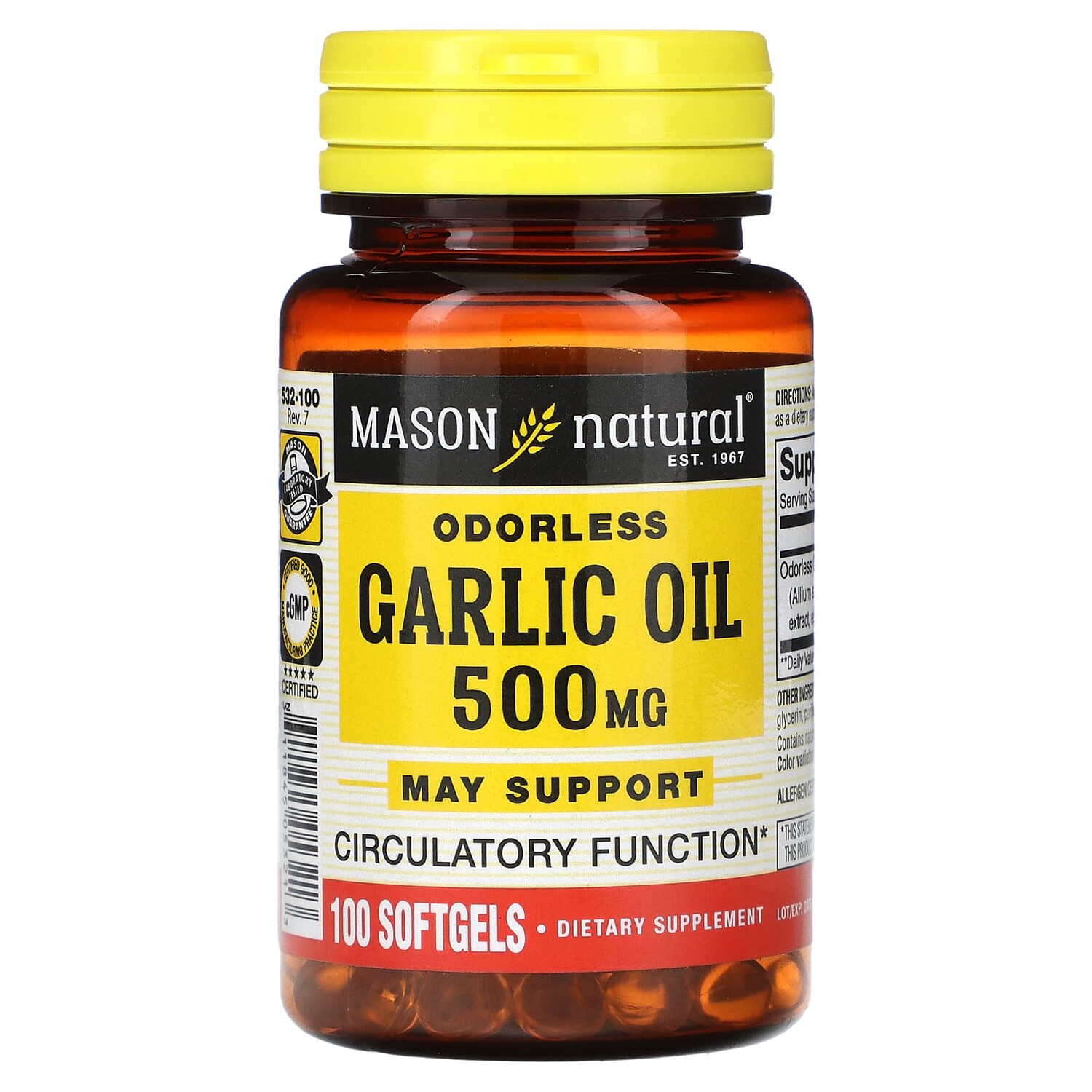

Чесночное масло без запаха, 500 мг, 100 мягких таблеток, Mason Natural