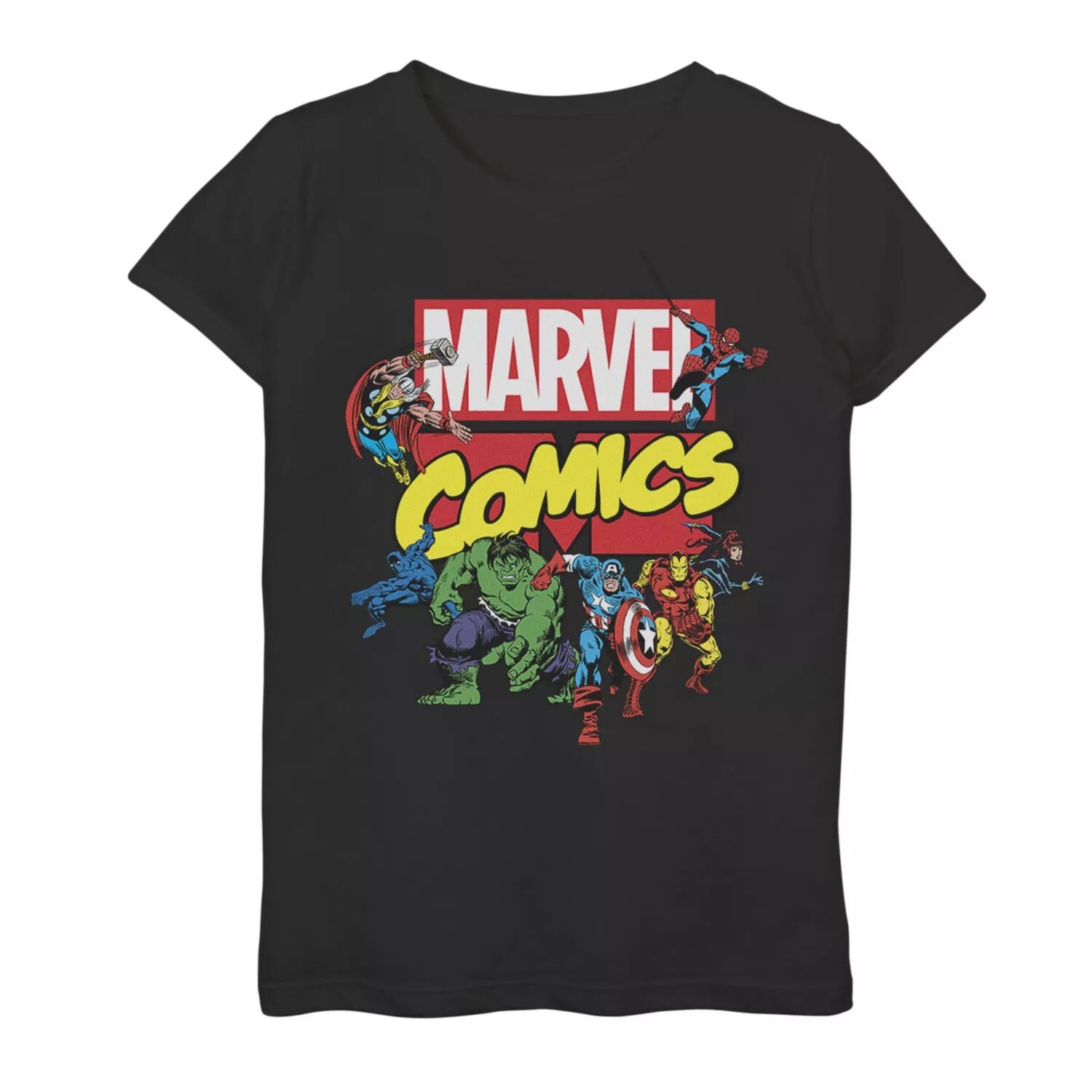 

Эксклюзивная футболка с графическим рисунком и логотипом Marvel D23 для девочек 7–16 лет, ретро-комикс, групповая съемка Marvel