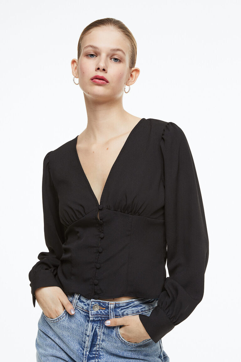 

Блуза из крепа на пуговицах спереди H&M, черный